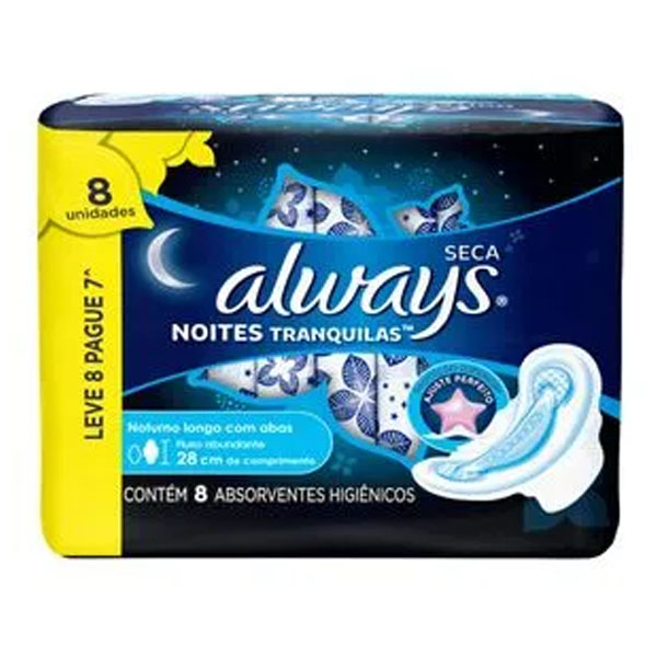 Absorvente Always Cobertura Seca c/ Abas Noturno Noites Tranquilas Leve8Pague 7