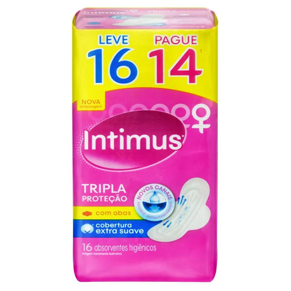 Absorvente Intimus Cobertura Suave c/ Abas Tripla Proteção Leve 16 Pague 14 Unid