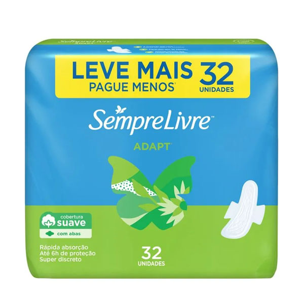 Absorvente Sempre Livre Adapt Cobertura Suave c/ Abas c/ 32 Unid Leve + Pague