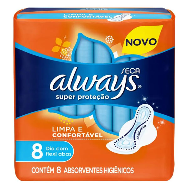 Absorvente Always Cobertura Seca c/ Abas Dia Super Proteção c/ 8 Unid