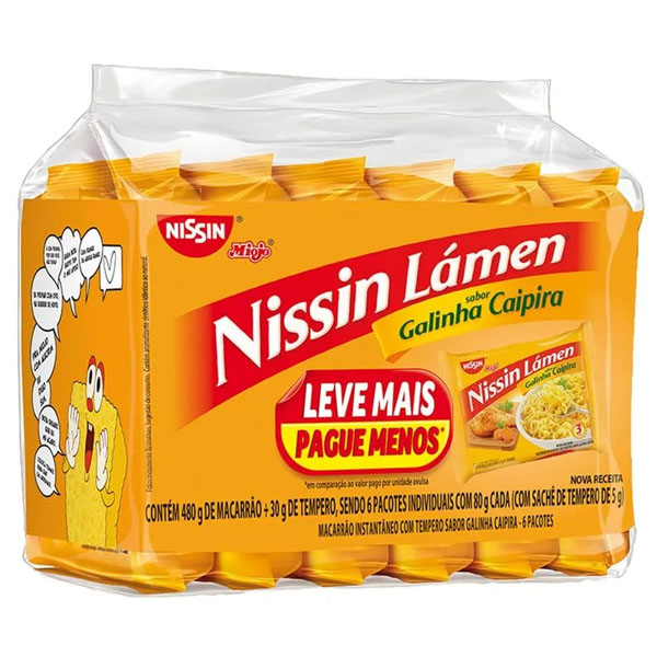 Lámen Nissin Miojo Instantâneo Galinha Caipira Pacote 510g c/ 6 Unid de80g Cada Leve + Pague